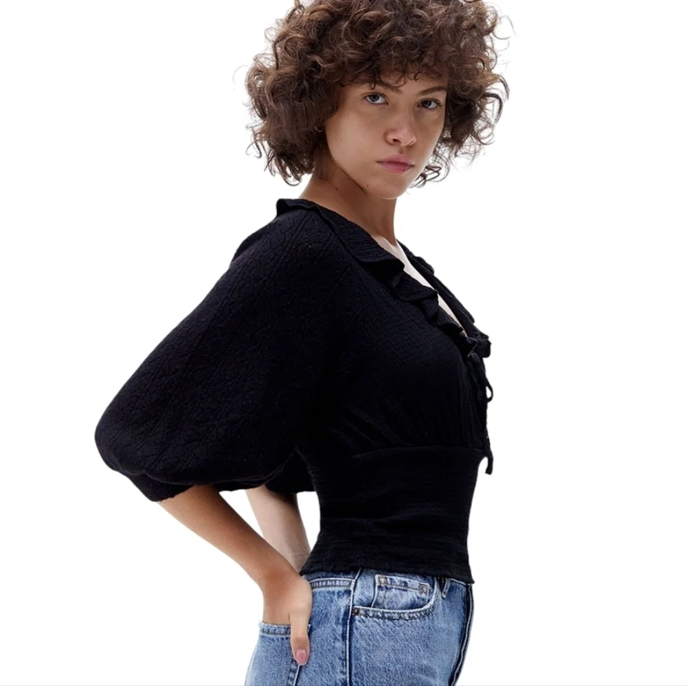 NWT Free People Billie Black Ruffle Smocked Sweater S